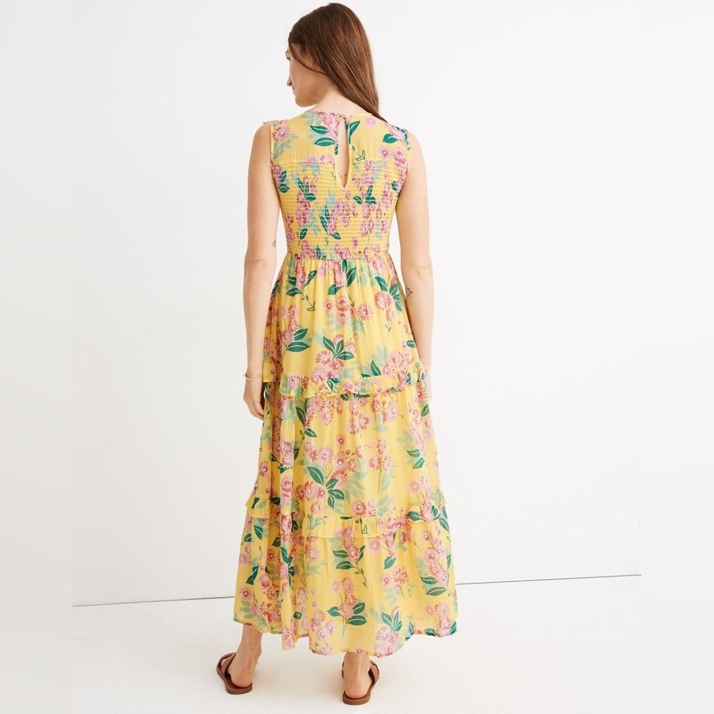 Madewell Banjanan Iris Smocked Midi Dress Medium Floral Smocked Pockets Yellow - Picture 3 of 15